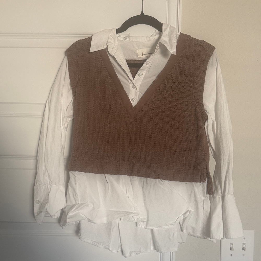 Anthropologie White Button-Down Shirt with Brown Knit Vest